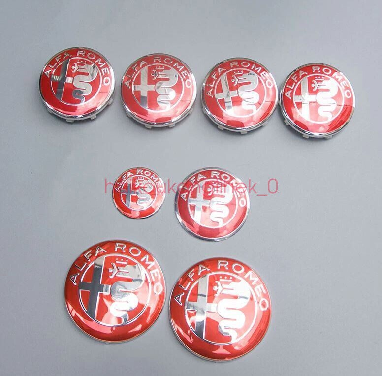 NEW (8X)Alfa Romeo Red Wheel Center Caps Hood Rear Steering Wheel Emblems Badges