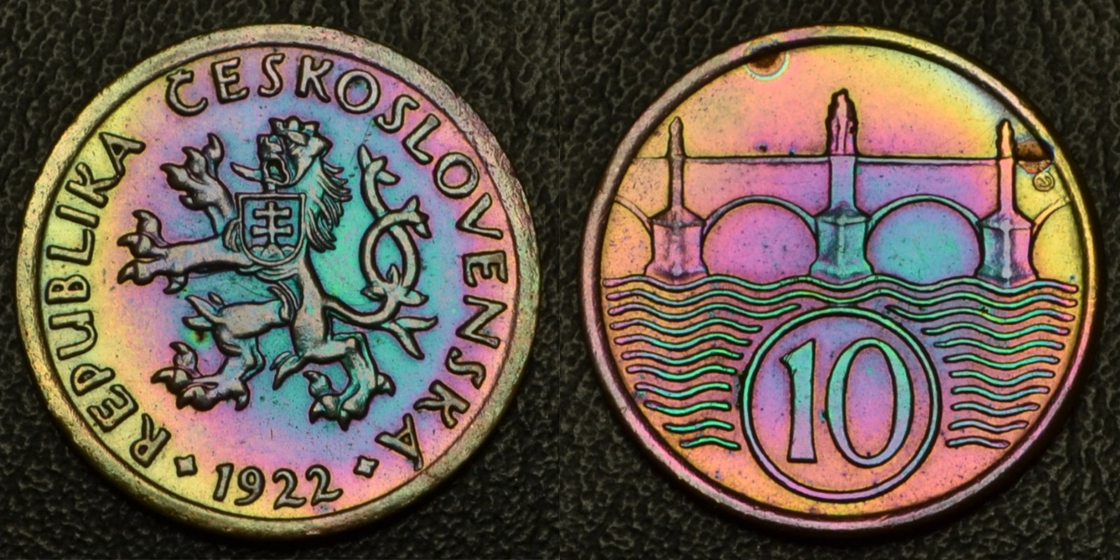 1922 Czechoslovakia 10 Hellers Coin RAINBOW toning (67-56) 1922 Czechoslovakia 10 Hellers Coin RAINBOW toning (67-56)