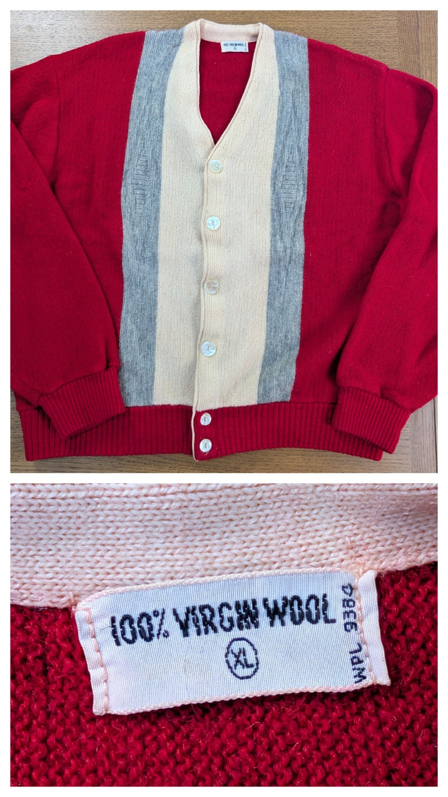 Vintage 60s 70s Wool Panel Cardigan Sweater Red Cream Grey Rockabilly Goodfellas