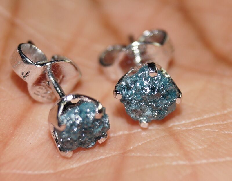 2.30ct Natural Blue Raw Diamond Stud Blue Rough Diamond Earrings 925 Silver Stud