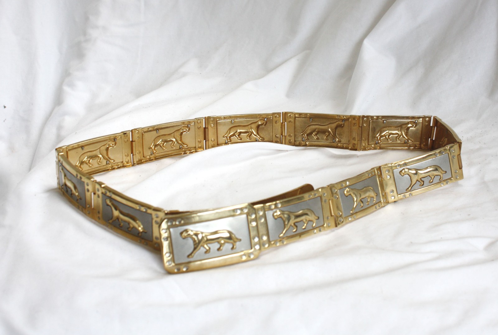 Vintage 90s Jaguar Motif Silver and Gold Metal Tile Gaga Style Link Belt 30\ Vintage 90s Jaguar Motif Silver and Gold Metal Tile Gaga Style Link Belt 30\