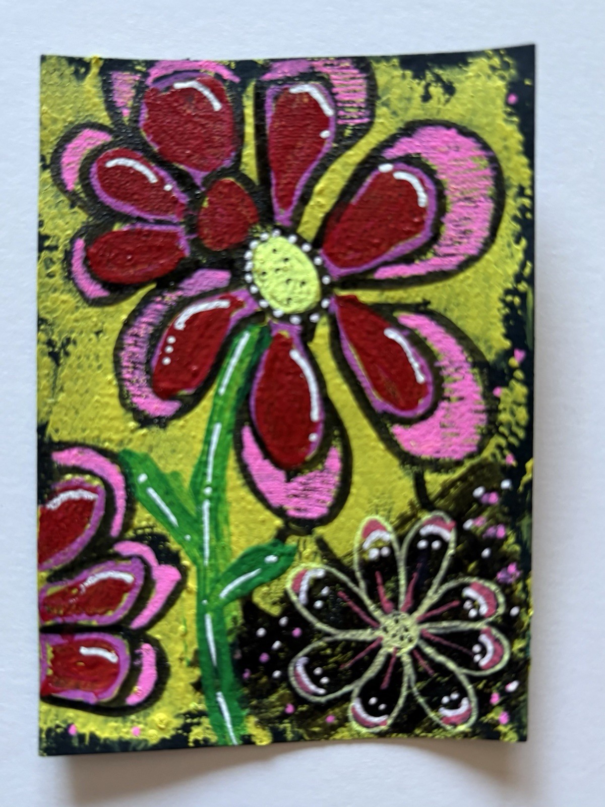 Original ACEO Flower Art Colorful Floral Acrylic Painting Gel Pen OOAK 2.5x3.5