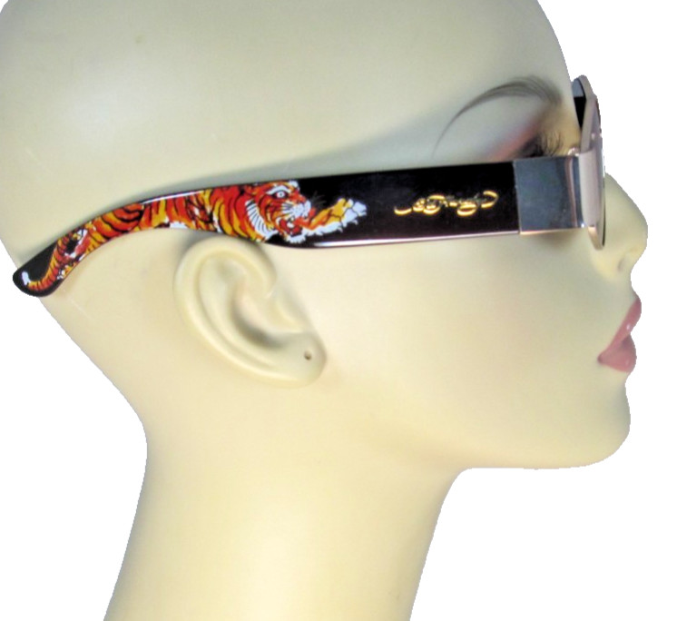 ED HARDY Gold & Black Geometric Rims Sunglasses Vintage Tiger Fire Tattoo Art ED HARDY Gold & Black Geometric Rims Sunglasses Vintage Tiger Fire Tattoo Art
