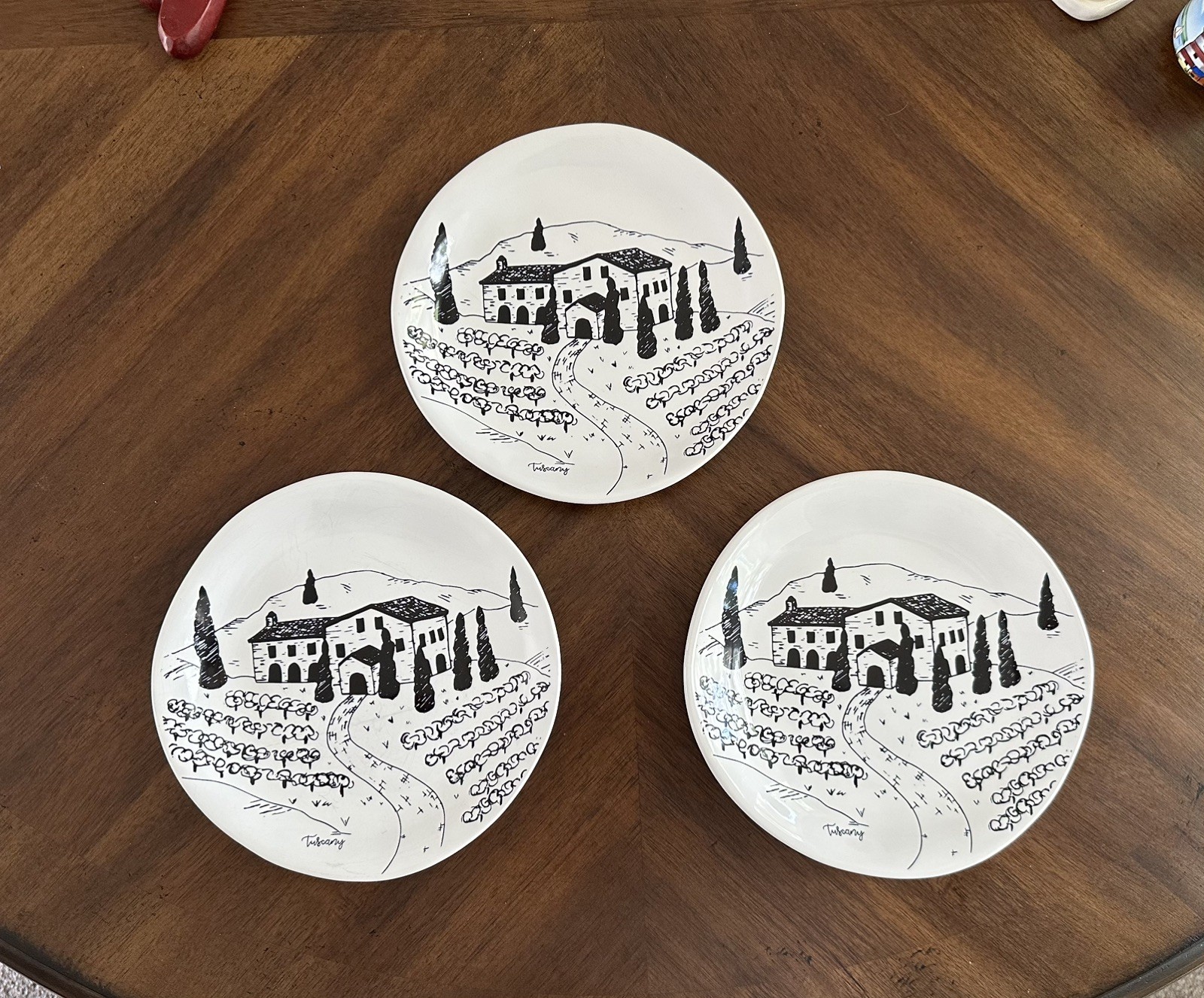 Pier 1 Tuscany Scene Plates Set three Salad Dessert Italy Vineyard Black White