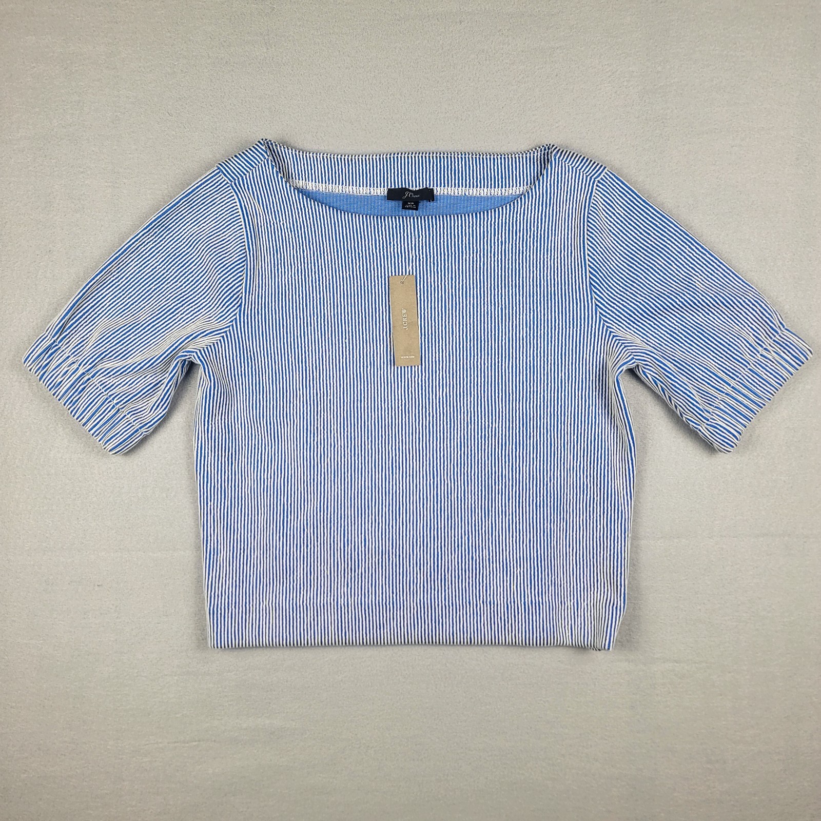 J.CREW Puff Sleeve Crop Top Womens XS Blue White Stripe Knit Seersucker NEW