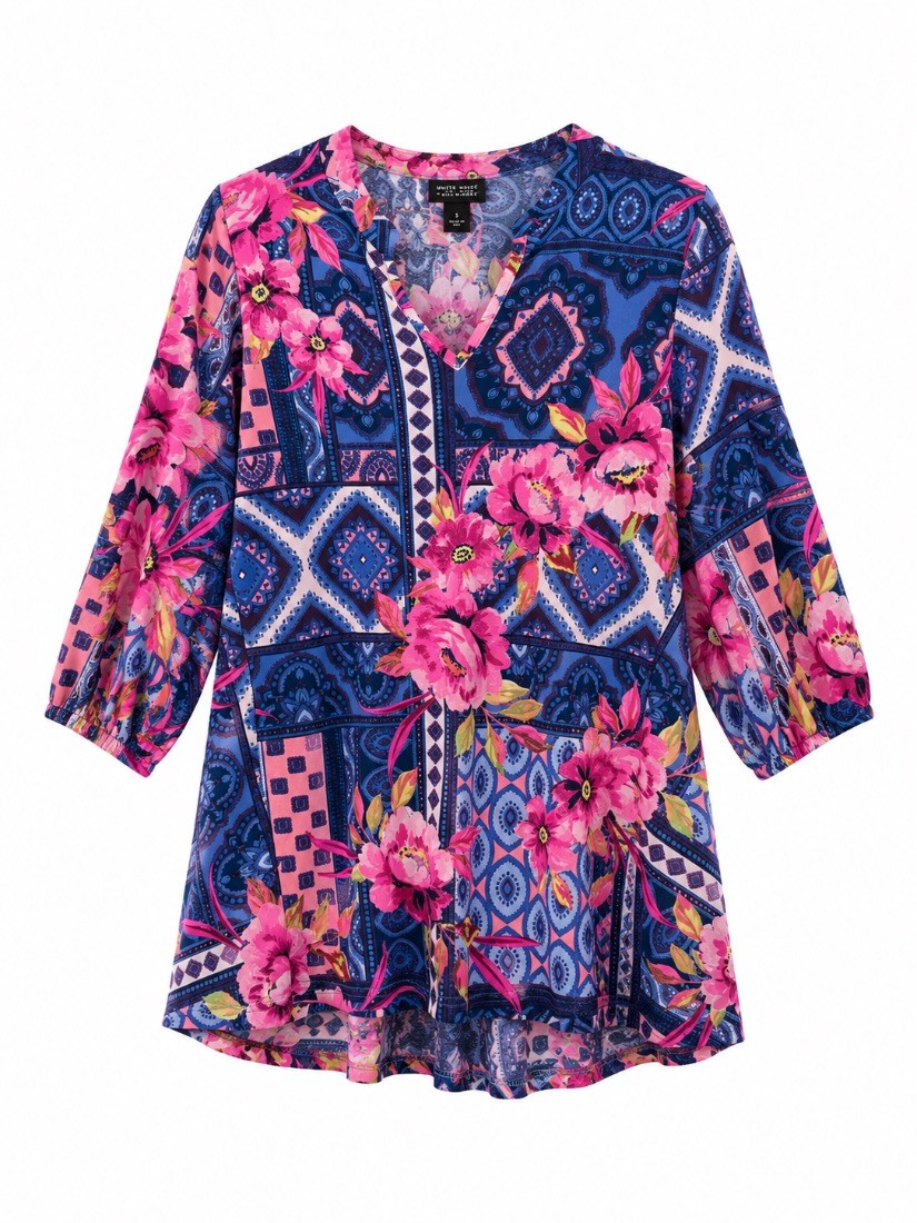 Lildy Womens Printed Bishop Sleeve Tunic Top Blue Pink Floral Paisley S-M Lildy Womens Printed Bishop Sleeve Tunic Top Blue Pink Floral Paisley S-M
