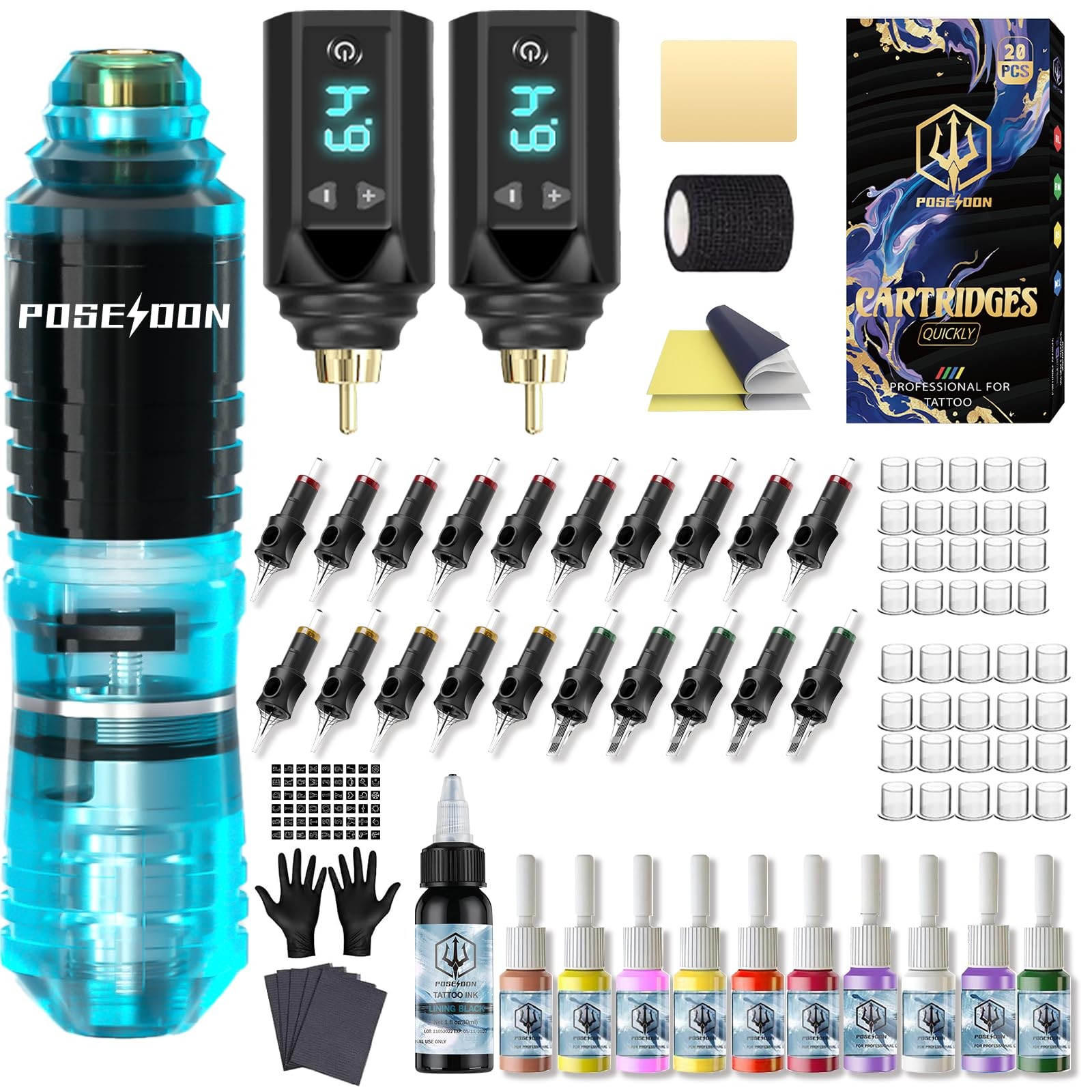 POSEIDON Wireless Tattoo Gun Kit 2PCS Battery Machine Kit for Beginners POSEIDON Wireless Tattoo Gun Kit 2PCS Battery Machine Kit for Beginners