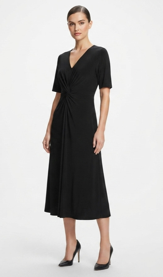 NWT Sharagano Womens Very Black V-Neck Short Sleeve Twist Front Midi Dress Sz 8