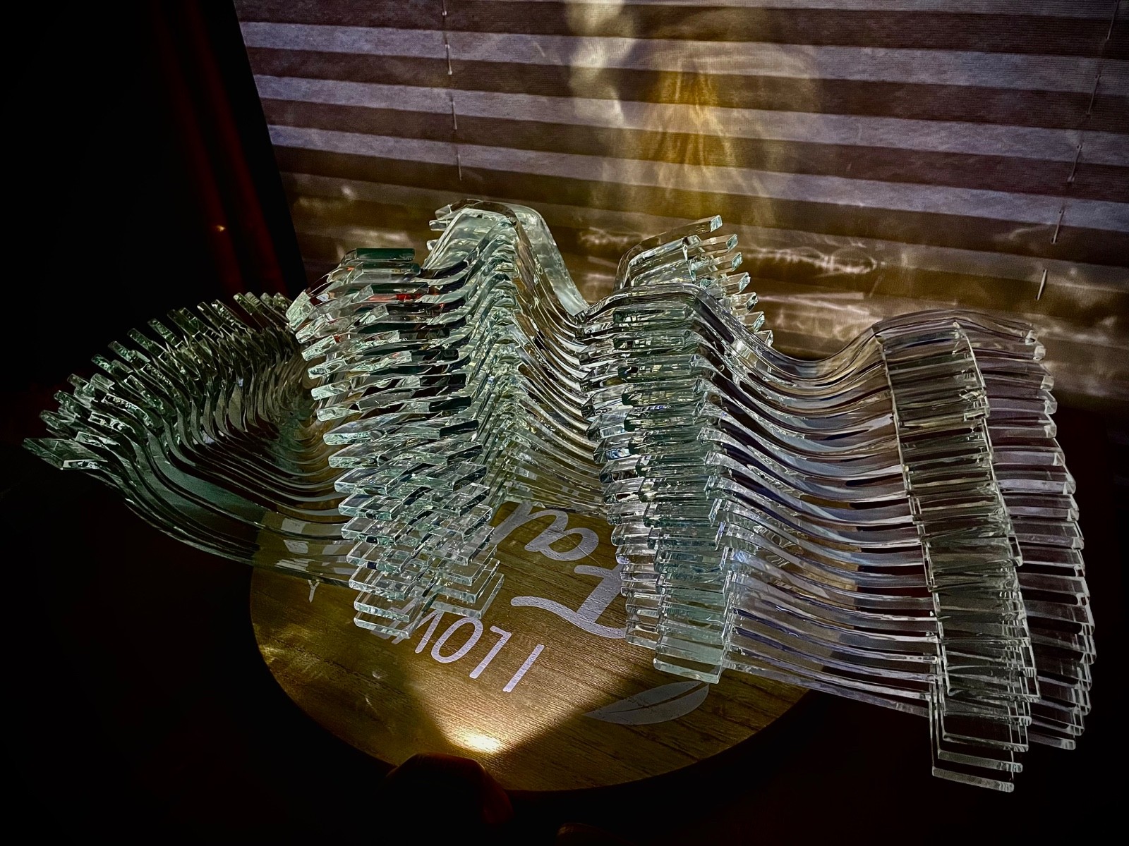 layered fused art glass wave sculpture, Roy Larson, 2013, incredibly beautiful