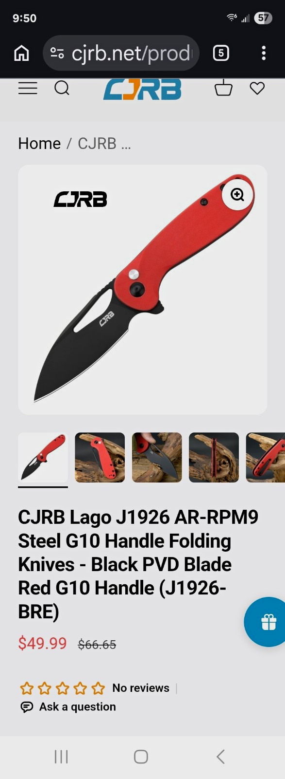 CJRB Lago J1926 Pocketknife AR-RPM9 Drop Point Plain Button Lock Red G10 CJRB Lago J1926 Pocketknife AR-RPM9 Drop Point Plain Button Lock Red G10