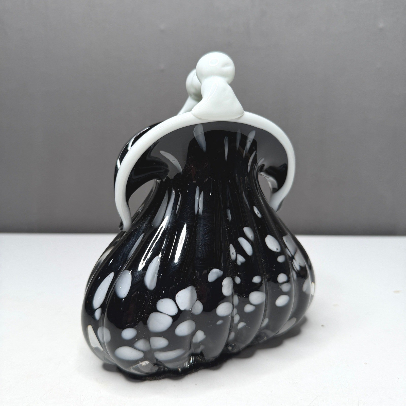 Vintage Murano Style Art Glass Coin Purse Vase Black White Hand Blown Heavy 6.5