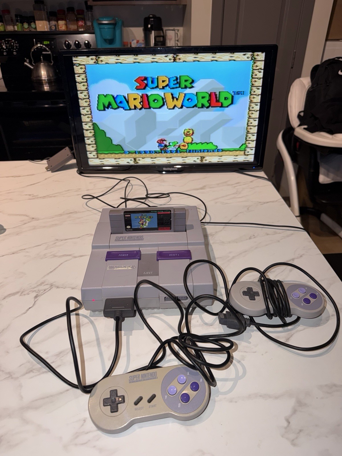 SNES Super Nintendo Console SNS-001 2 Controllers Mario World Tested Working