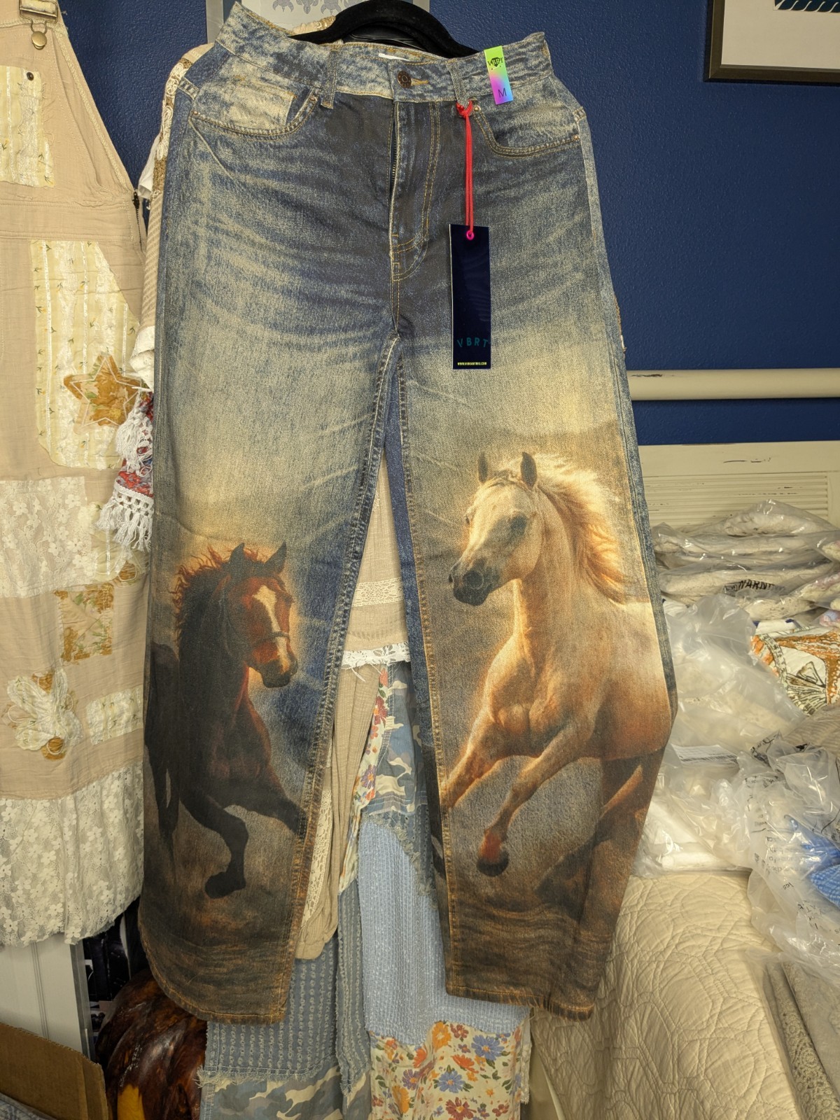 VBRT Women\'s Wide Leg Blonde Horse Print Denim Jeans Blue Western Cowboy Western VBRT Women\'s Wide Leg Blonde Horse Print Denim Jeans Blue Western Cowboy Western