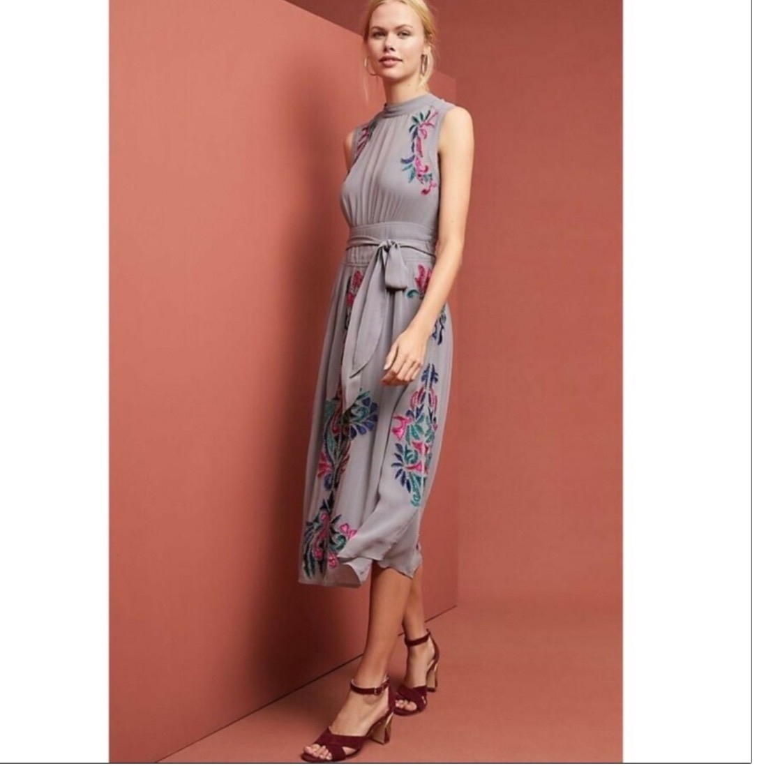 Vanessa Virginia Anthropologie Grey Embroidered Beaded Midi Dress Size 10 NEW