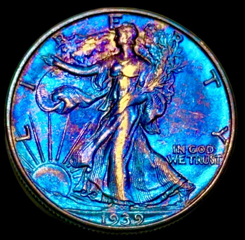 Walking Liberty Half Dollar 1939 D Monster Rainbow Toning Uncirculated 50c Walking Liberty Half Dollar 1939 D Monster Rainbow Toning Uncirculated 50c