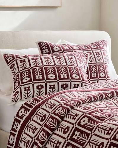 Quince NWT Organic Cotton Jacquard Floral Coverlet Set King In Burgundy