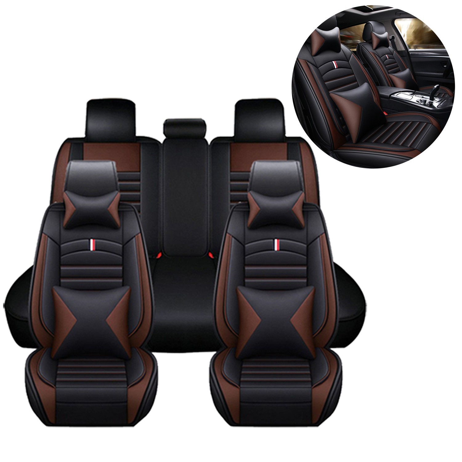 Full Set Luxury Faux Leather Seat Covers Front Rear 5-Seat with Pillow Universal