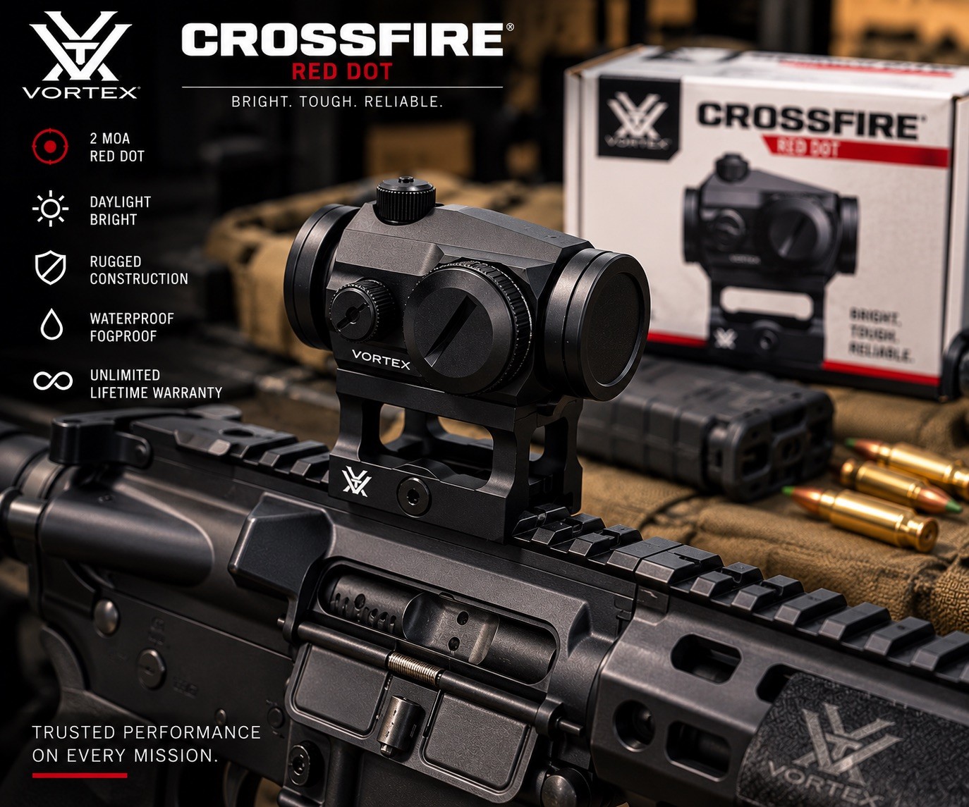 Vortex Crossfire Red Dot 2 MOA 50,000 Hour Battery Life Mount Included CF-RD2