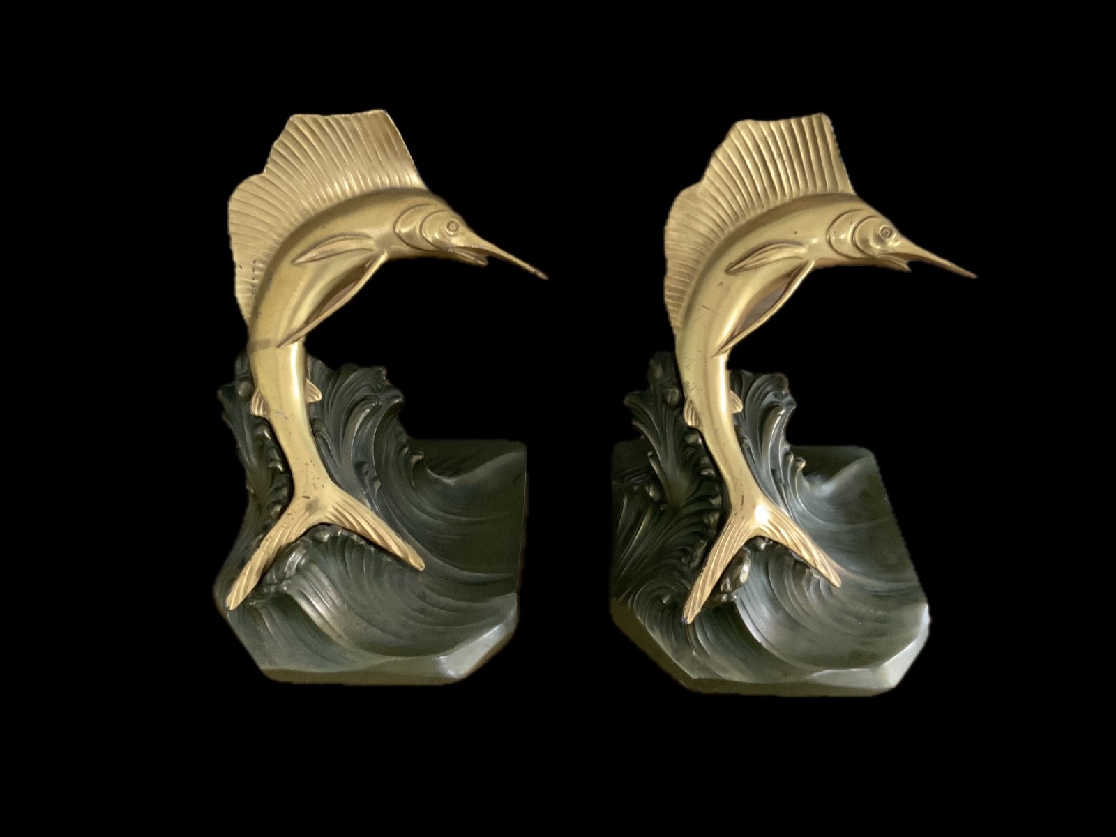 ~Pair Jennings Brothers Vintage MCM Solid Brass Sailfish Bookends~ ~Pair Jennings Brothers Vintage MCM Solid Brass Sailfish Bookends~