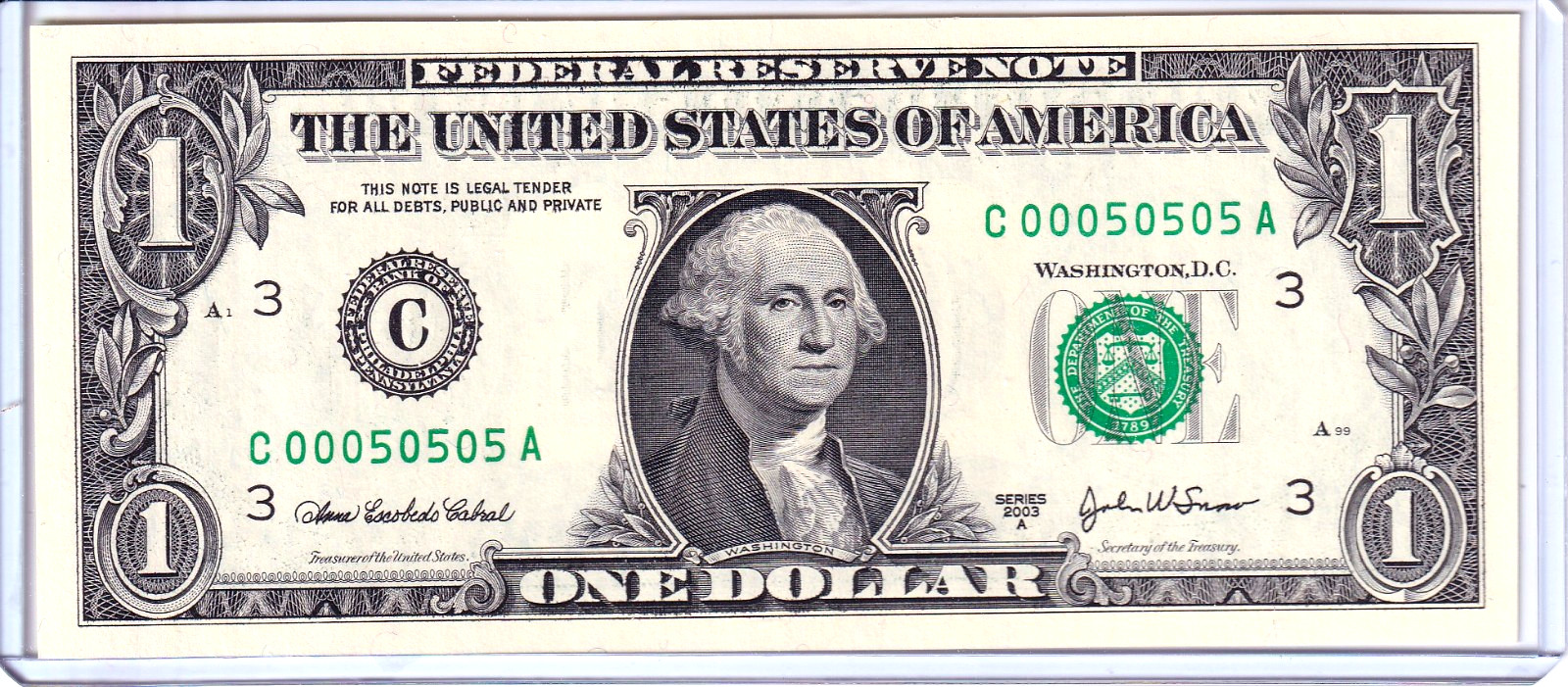 2003-A $1 Federal Reserve Note Uncirculated Fancy 0/5 BINARY Serial #C00050505A 2003-A $1 Federal Reserve Note Uncirculated Fancy 0/5 BINARY Serial #C00050505A