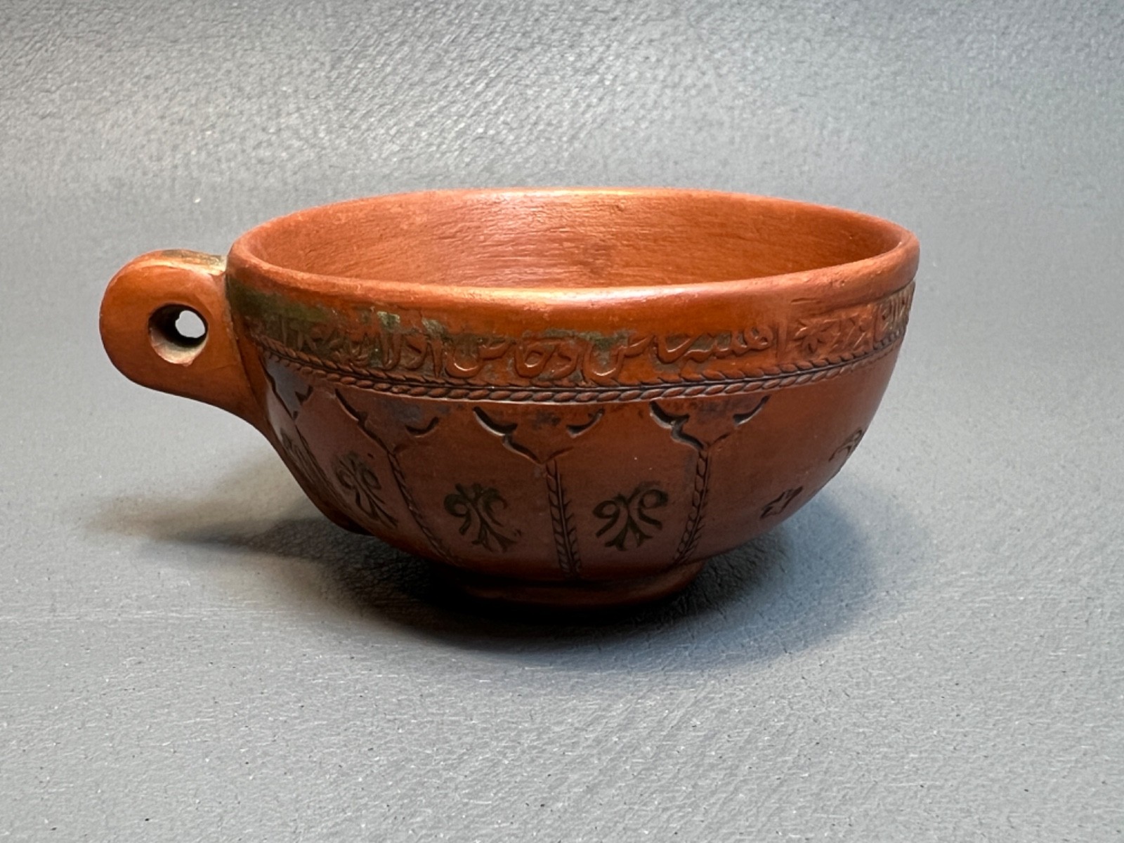 19c.Ottoman Turkish Red Clay Pottery Tophane Ware Coffee Cup Tuhgra & Scrolls