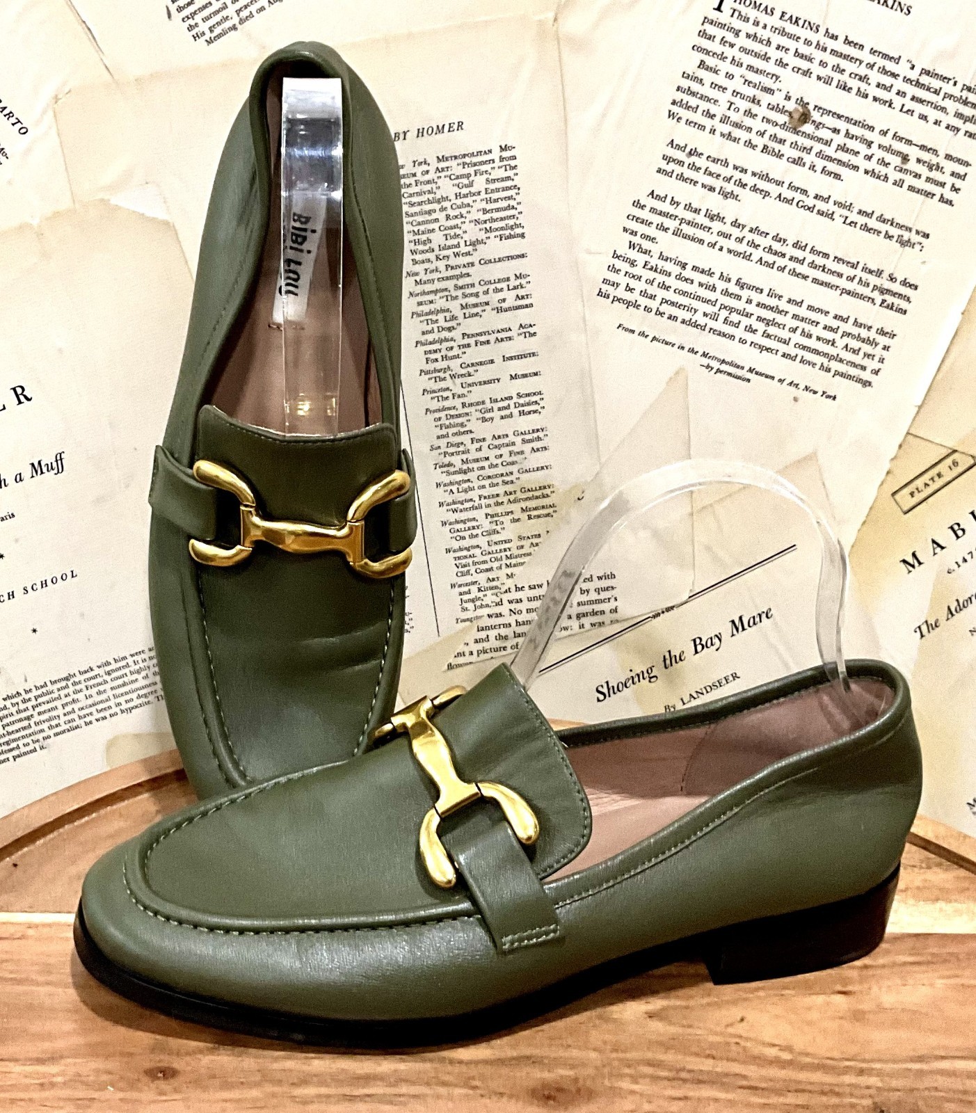 Anthropologie Bibi Lou Zagred Leather Loafers Moss Gold Matte Trim 39/8-8.5 NEW Anthropologie Bibi Lou Zagred Leather Loafers Moss Gold Matte Trim 39/8-8.5 NEW