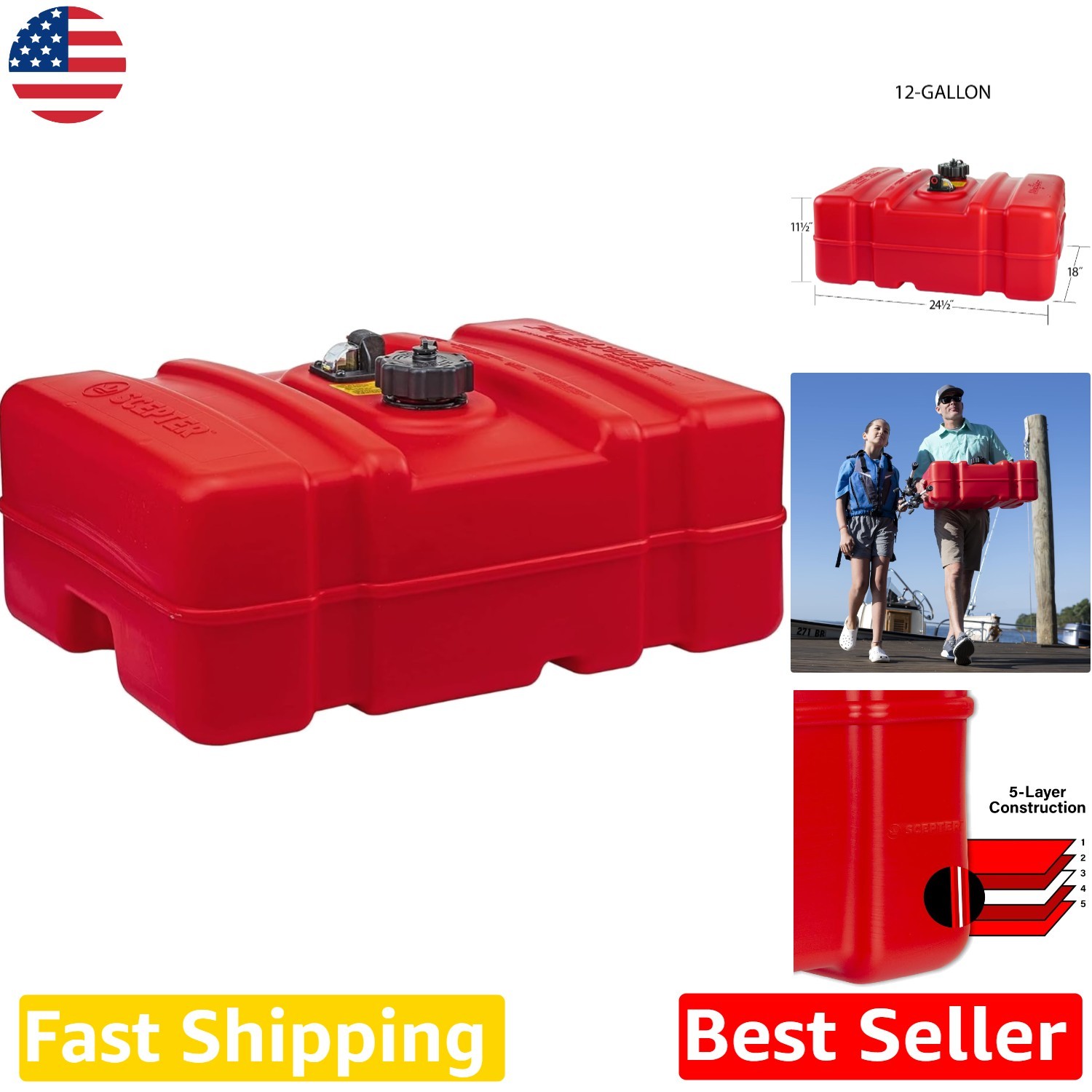 Durable 12 Gallon Red Marine Fuel Tank Low Profile HDPE Boat Gasoline