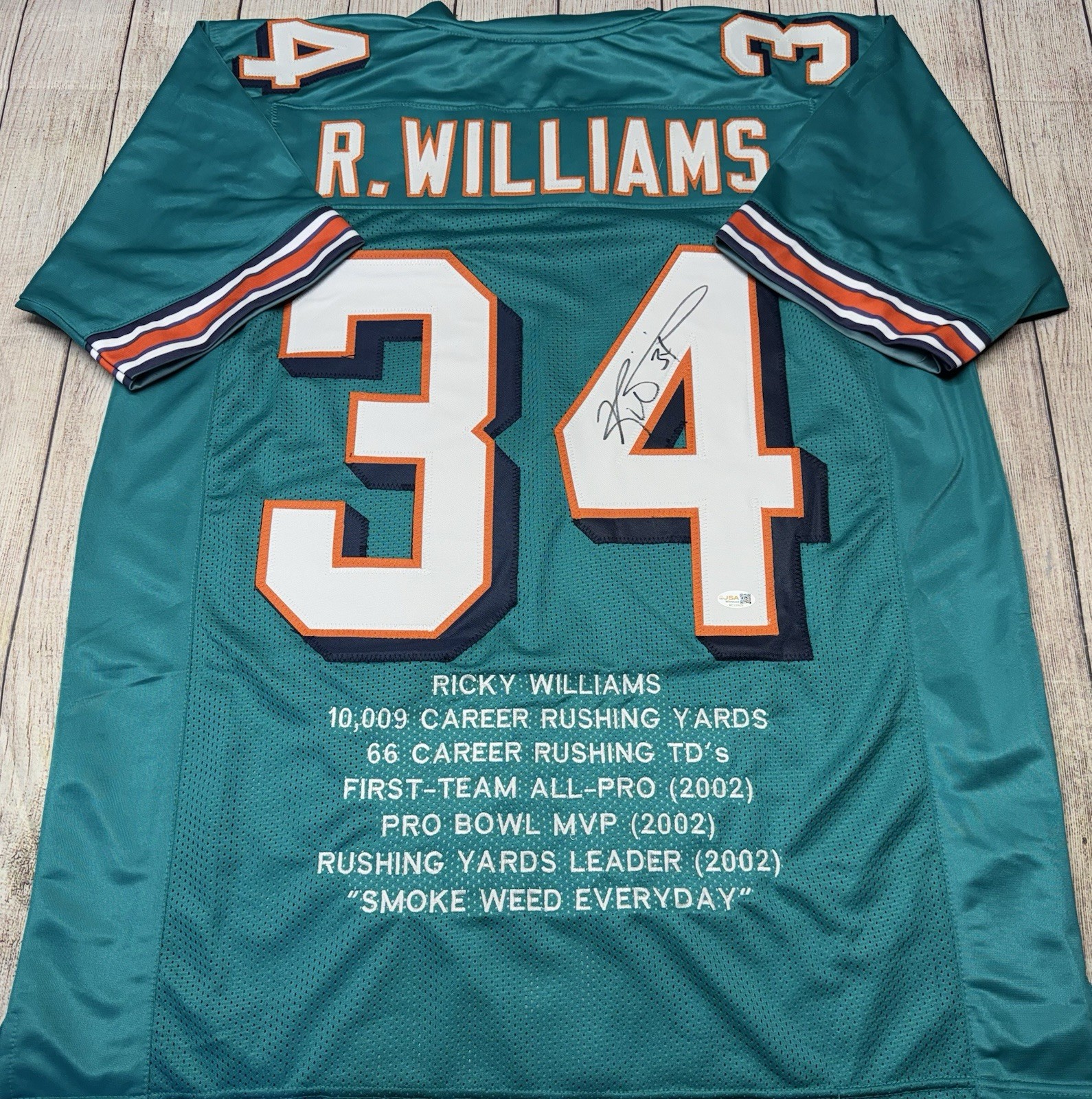 MIAMI DOLPHINS RICKY WILLIAMS SIGNED CUSTOM TEAL STAT JERSEY   JSA COA