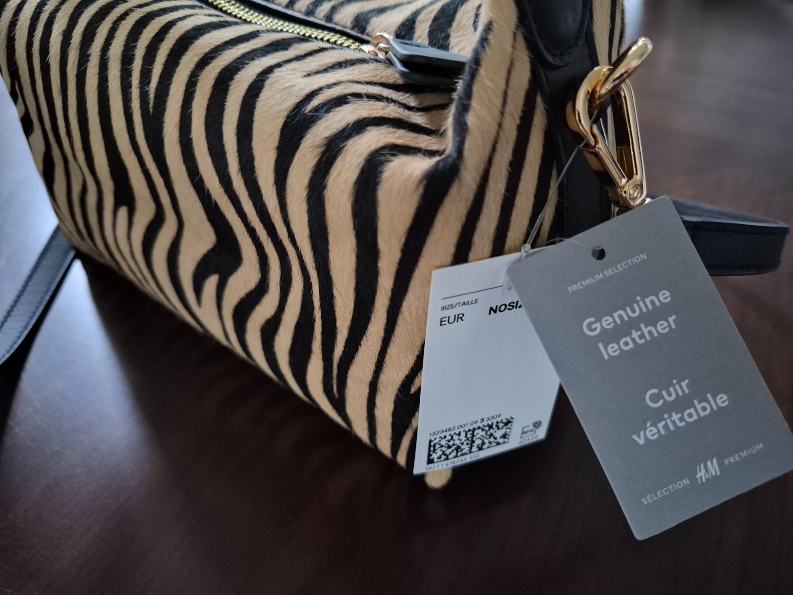 H&M Premium Selection Leather Zebra Crossbody Bag Black Beige NWT Genuine Cow