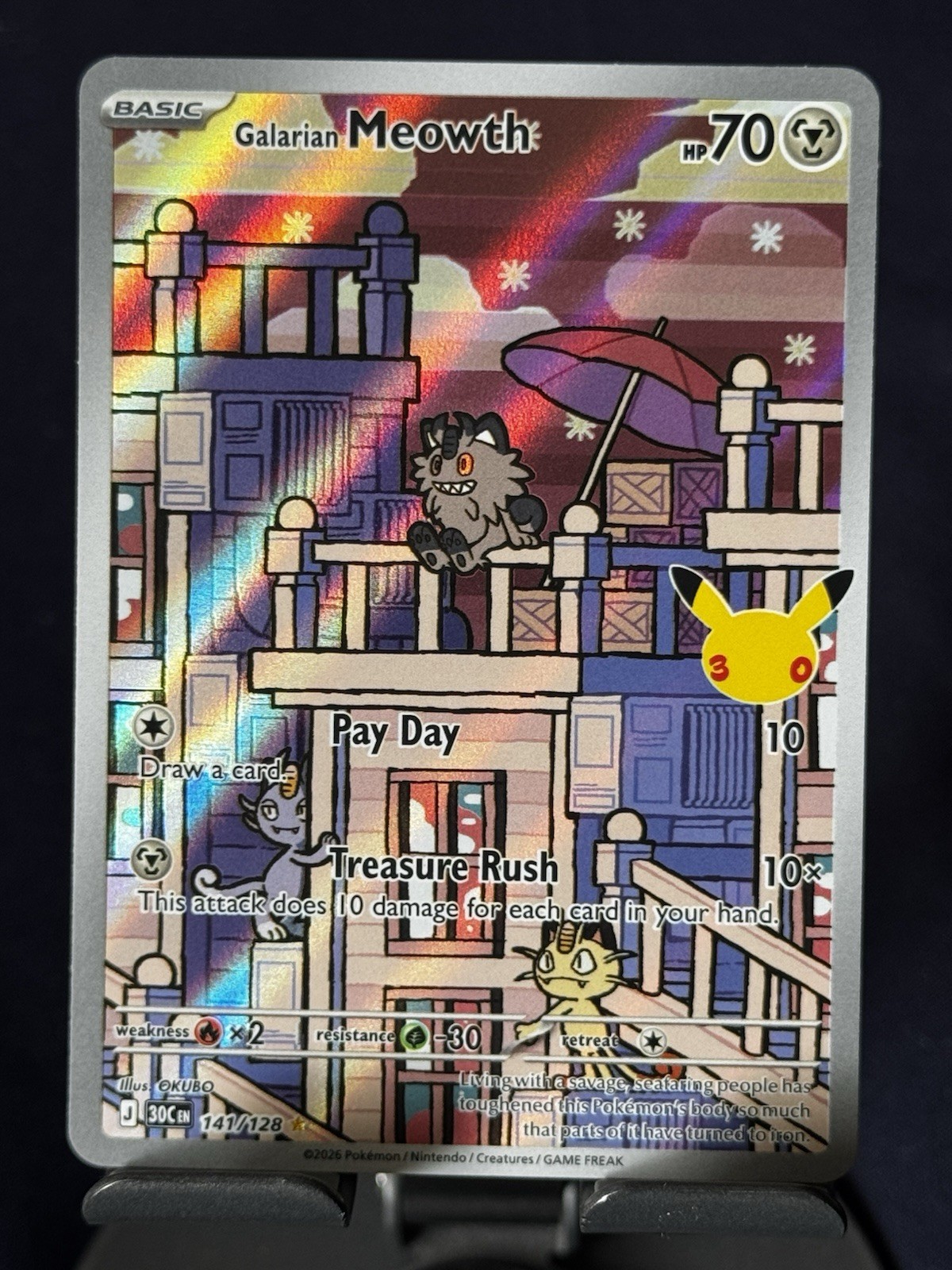 Galarian Meowth 141/128 30th Anniversary Illustration Rare Full Art Holo Galarian Meowth 141/128 30th Anniversary Illustration Rare Full Art Holo
