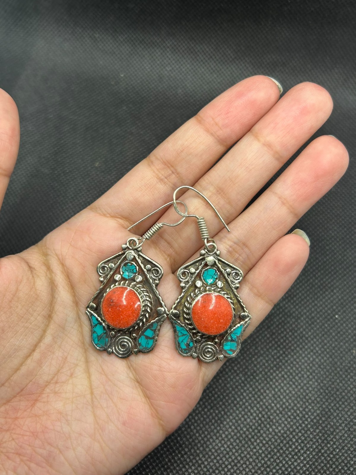 Vintage Coral Turquoise Earrings, Tibetan Silver Nepalese Jewelry
