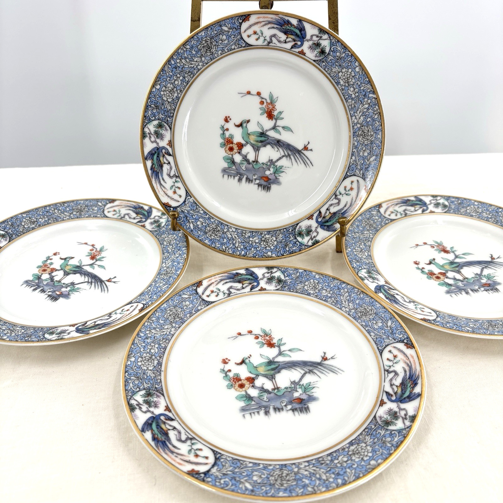 Theodore Haviland Limoges Rajah France Set 4 Plates Birds Blue Floral Gold 7”