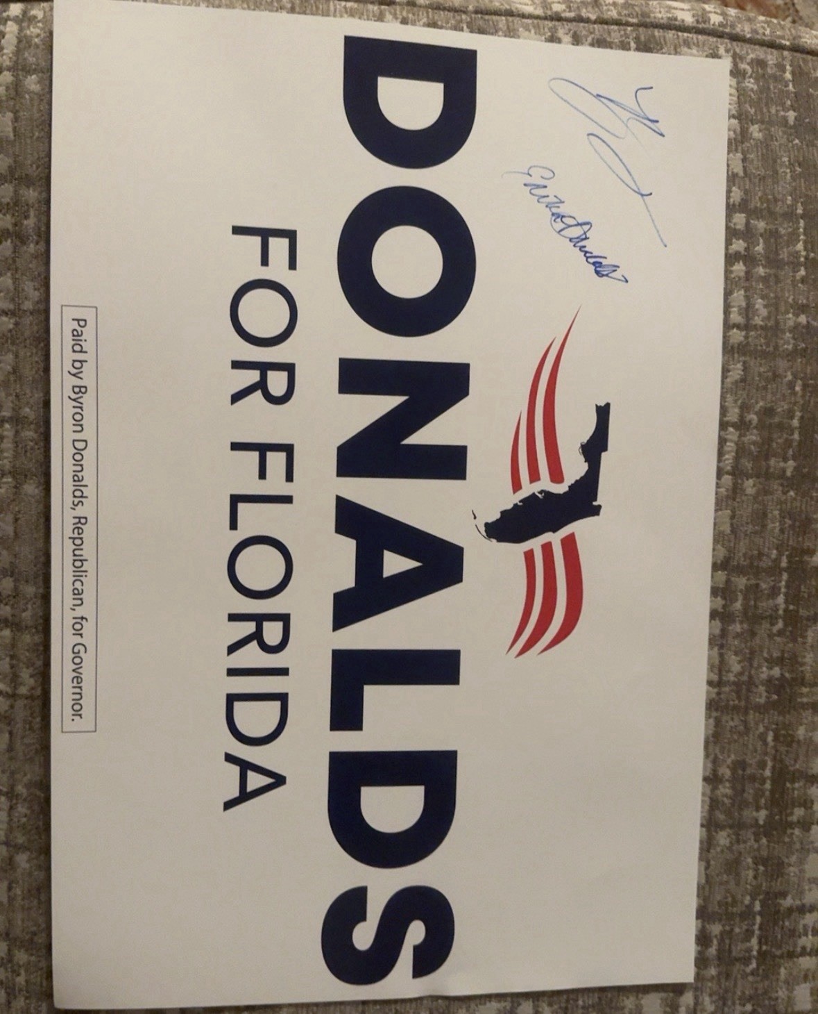 Byron Donalds & Erika Donalds Signed Campaign Rally Sign Florida Governor Auto