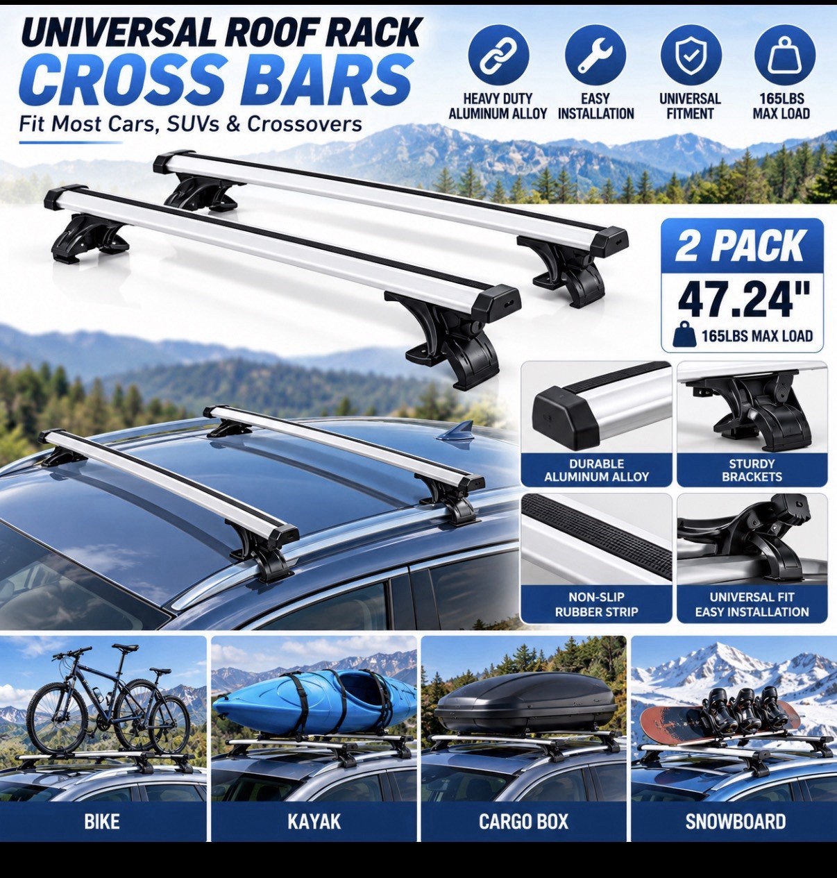 2 PCS Universal Car Roof Rack Cross Carrier Rooftop Crossbars Luggage Roof Rack