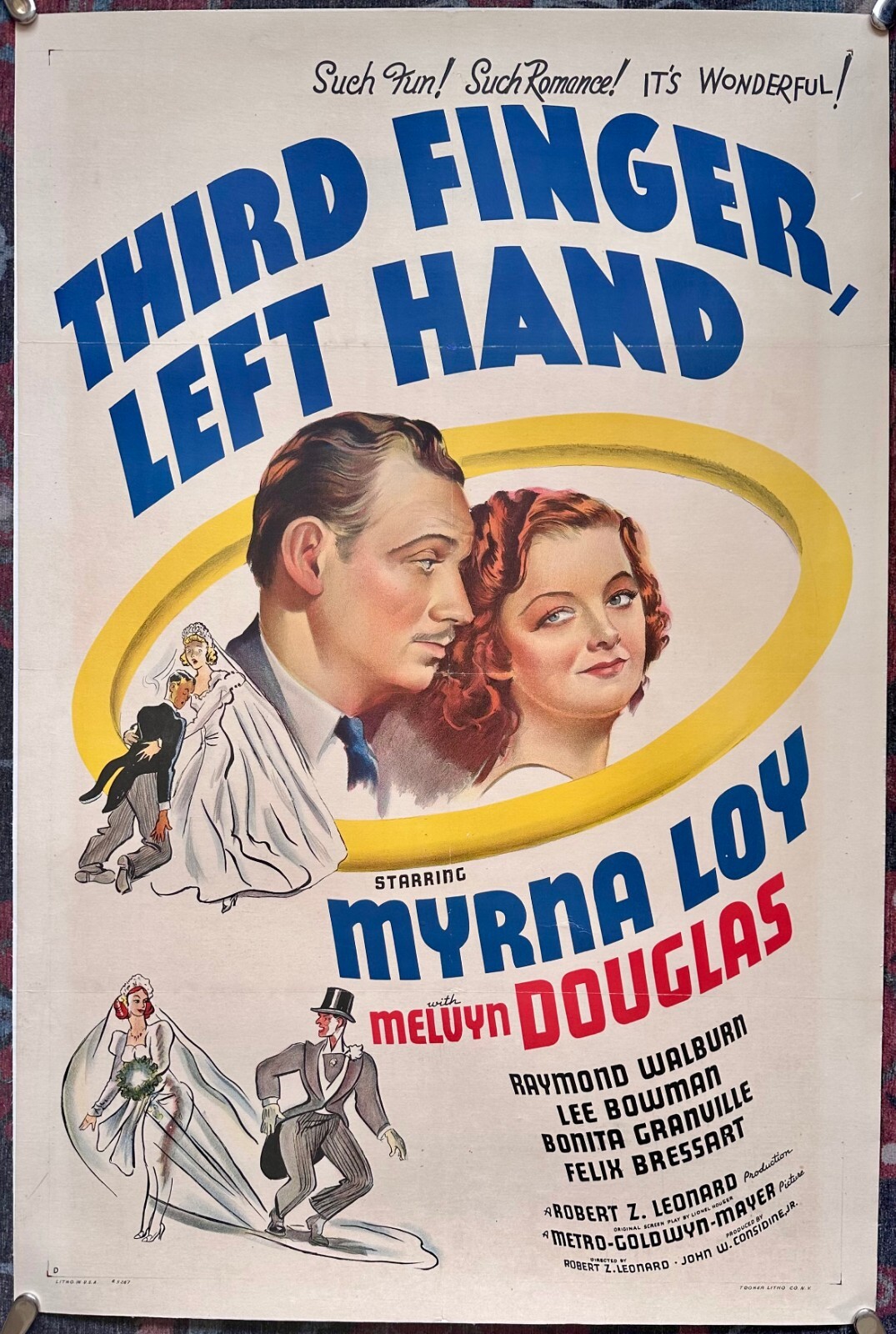 Third Finger Left Hand Melvyn Douglas Myrna Loy Original One Sheet Style D-1940