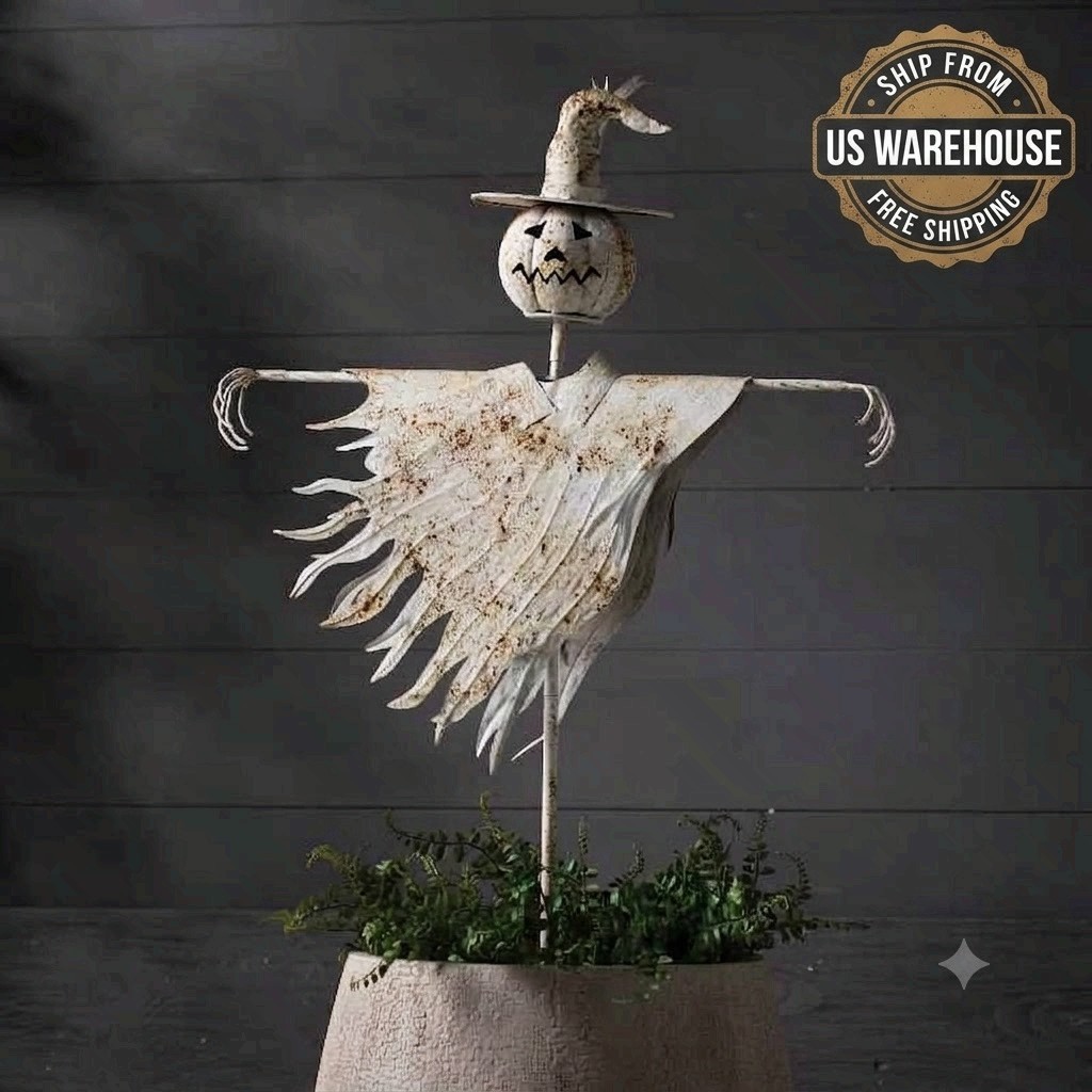 Rustic Metal White Scarecrow Yard Stake Autumn Fall Lawn Garden FS US