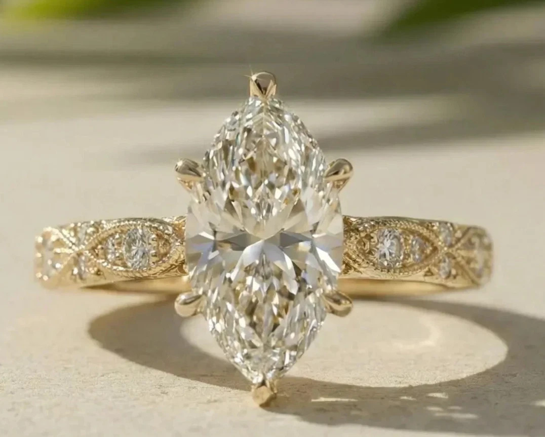 2.50 Ct IGI Marquise F/VS1 Lab Grown Diamond Women Wedding Ring 14k Yellow Gold
