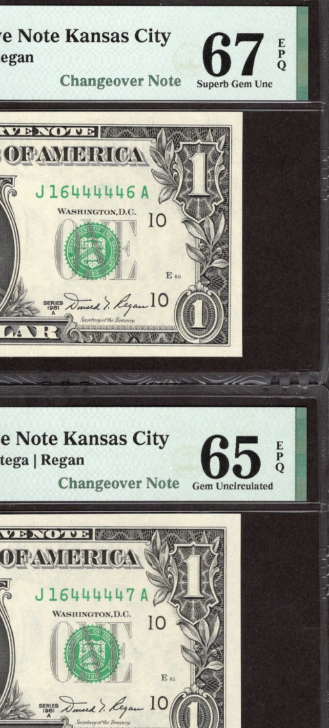 1981A $1 KANSAS CITY FRNs. PMG GEM Uncirculated 67/65 EPQ. CHANGEOVER Notes 1981A $1 KANSAS CITY FRNs. PMG GEM Uncirculated 67/65 EPQ. CHANGEOVER Notes