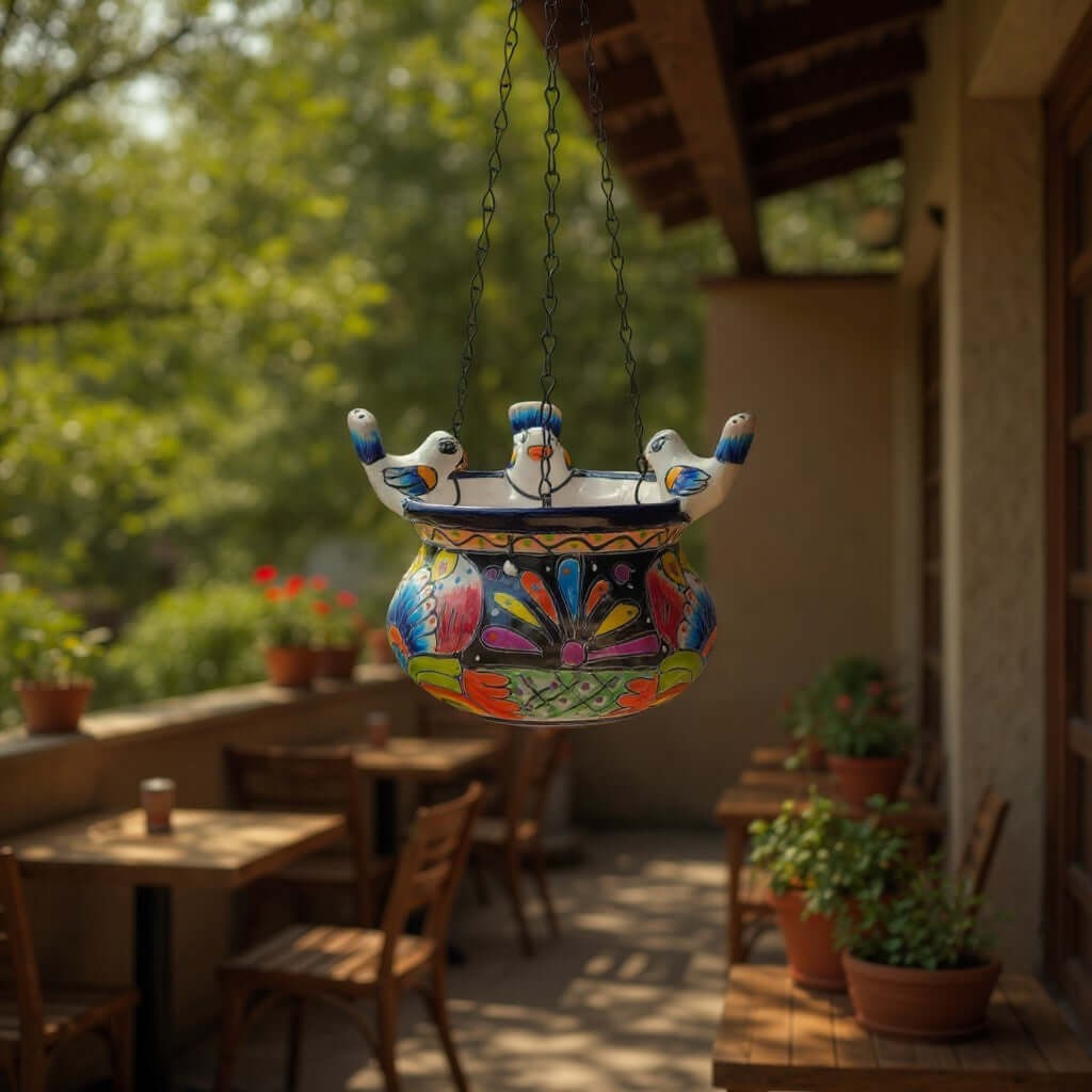 Small Talavera Hanging Planter with Birds | Handmade Ceramic Pot