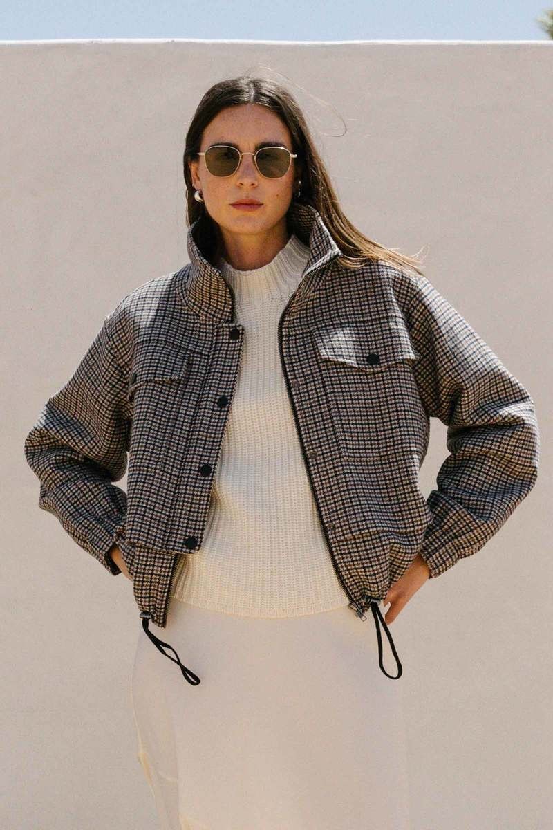 Apiece Apart Selva Cropped Bomber Jacket Checks Wool Blend Size XS Apiece Apart Selva Cropped Bomber Jacket Checks Wool Blend Size XS