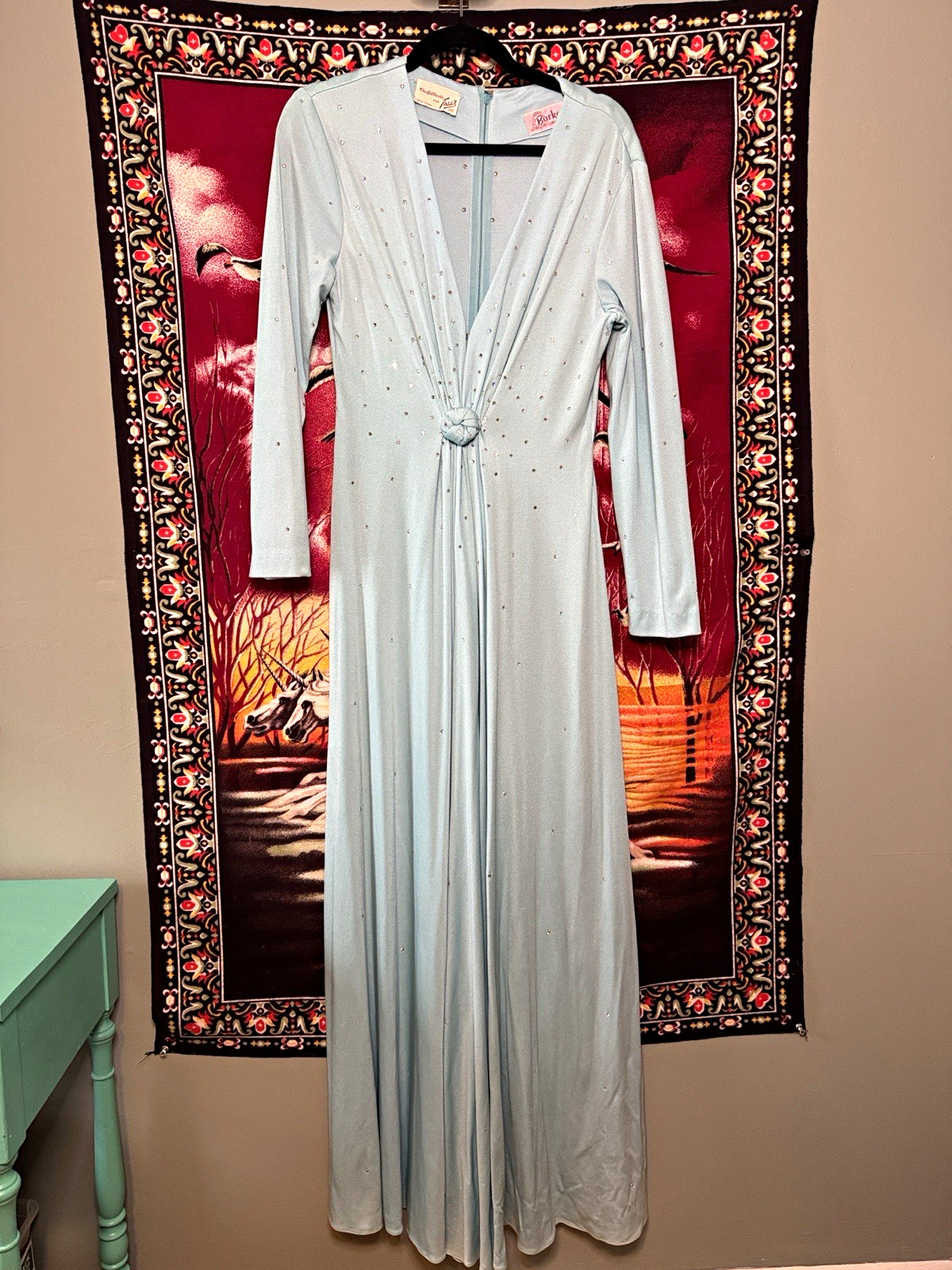 vintage 60s Gilberts for Tally ice blue fully rhinestoned formal evening dress