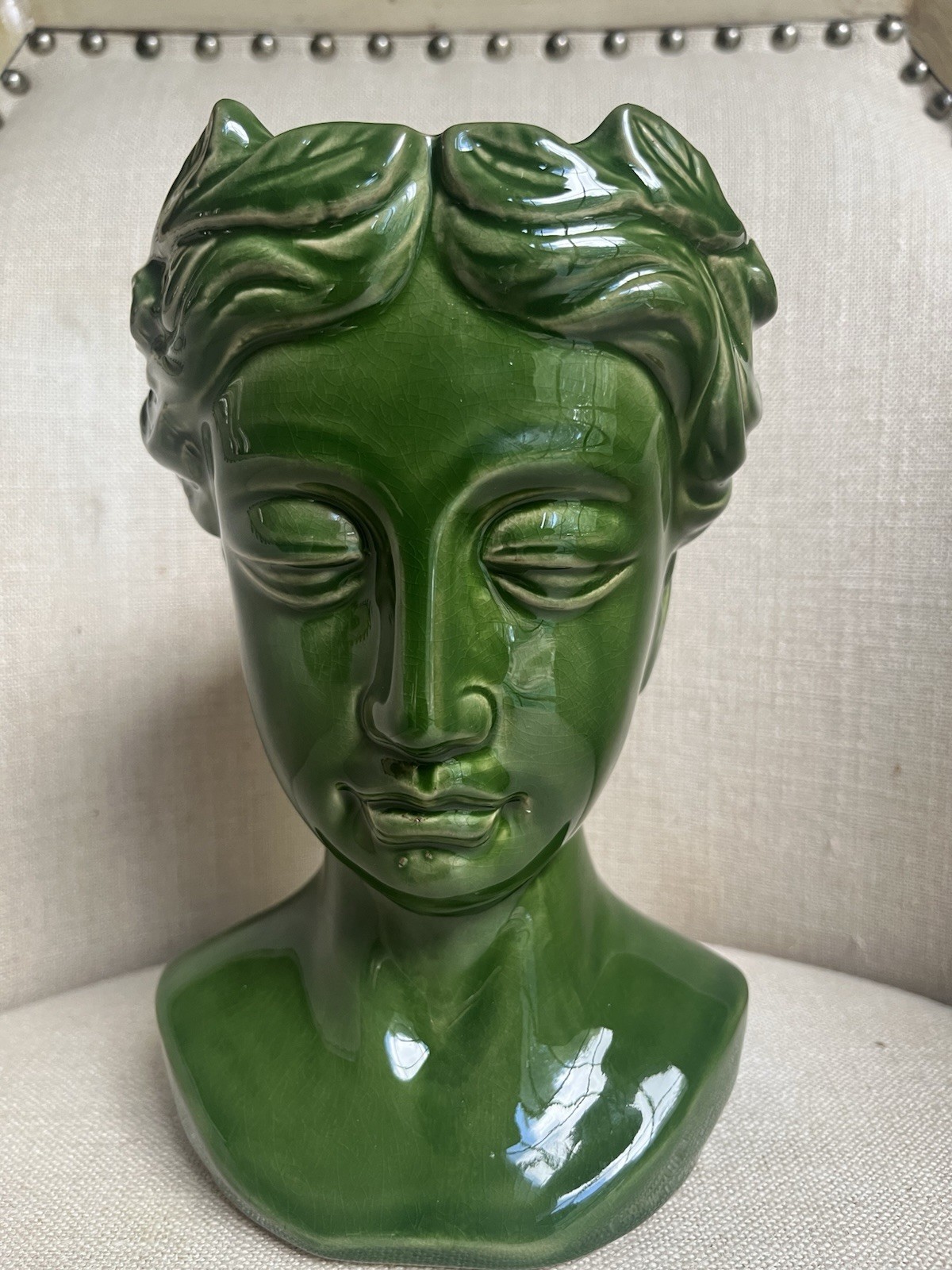 Beautiful Green High Gloss Ceramic Greek Goddess Head Vase. QUALITY