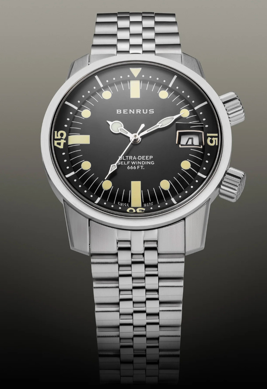 BENRUS Ultra-Deep Automatic Dive Watch 36.5mm Black Dial Swiss Made 200M