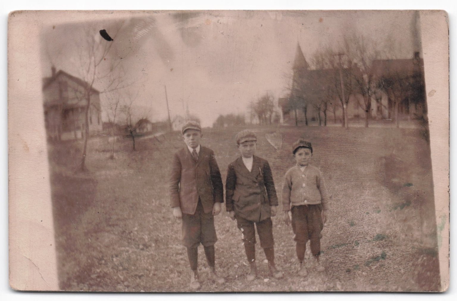 RPPC Three Boys Suits Hats Small Town Church Real Photo Postcard c1910s RPPC Three Boys Suits Hats Small Town Church Real Photo Postcard c1910s