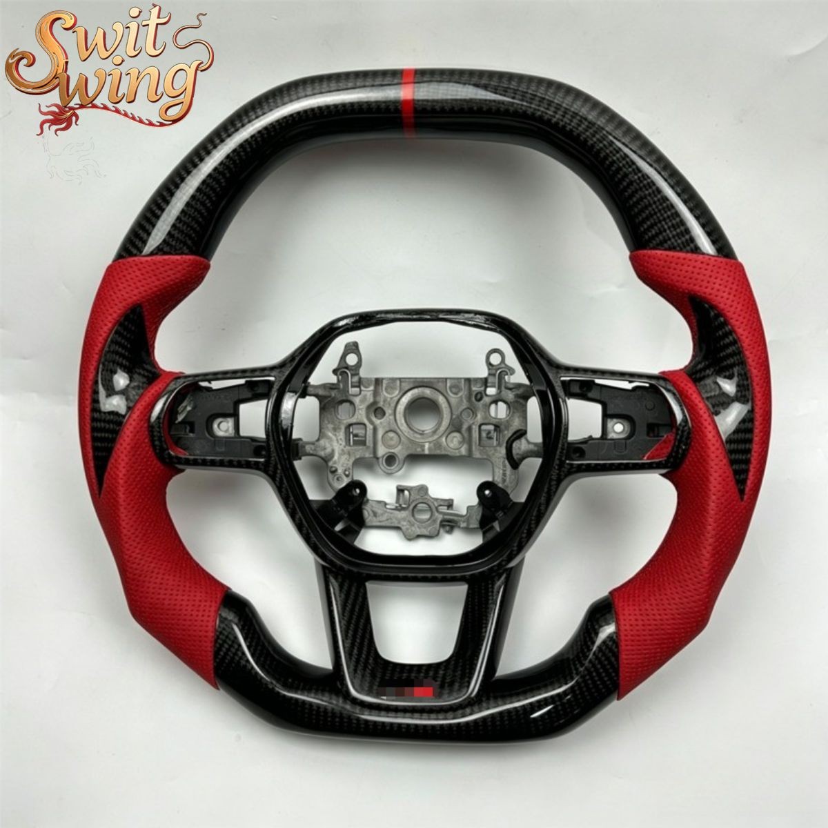 For 2022-2026 Honda Civic Custom Black Carbon Fiber Red Leather Steering Wheel