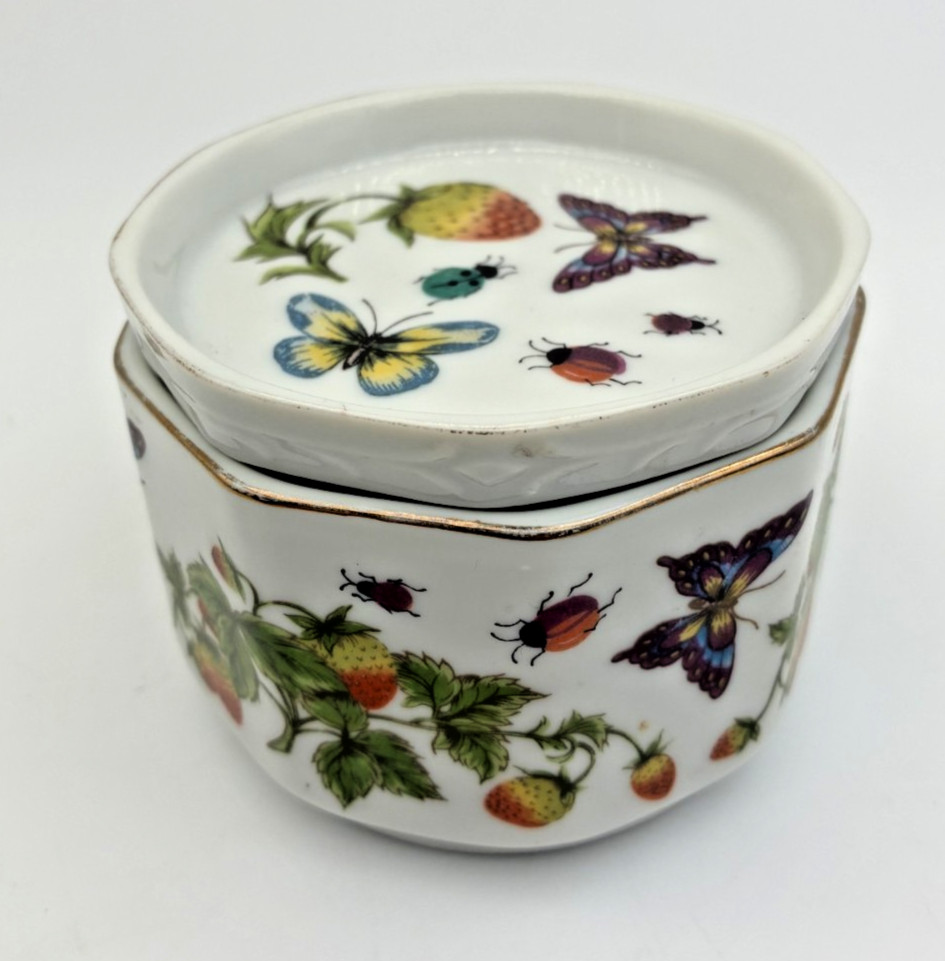 Vintage Lenwile Ardalt Hand Painted Lidded Dish Strawberries & Butterflies 2\
