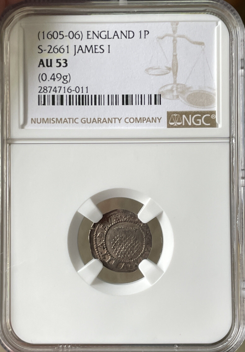 NGC AU53 1605-6 James I Penny, 2nd Coinage, mm Rose, England, S-2661