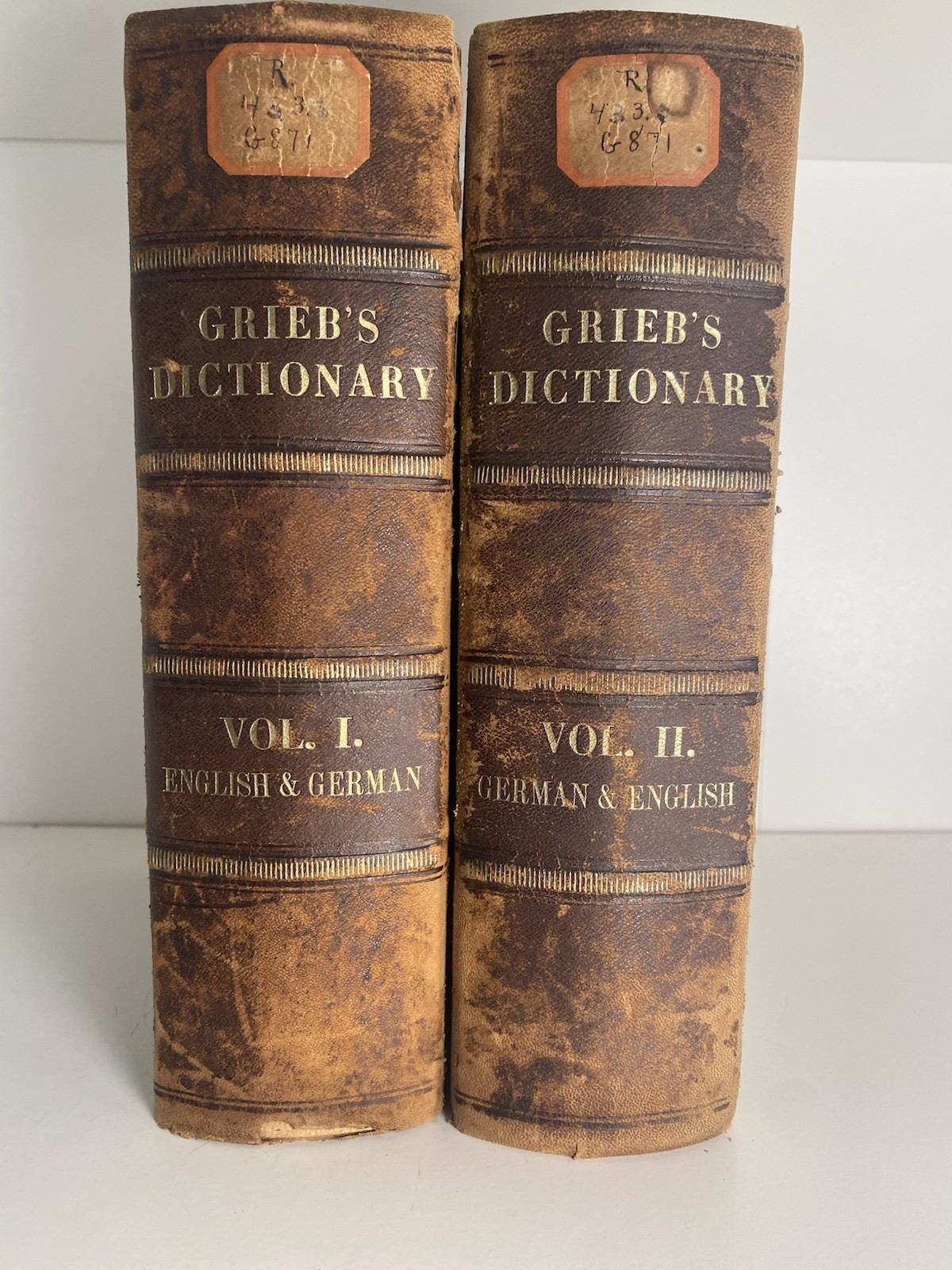 1887 Grieb’s German-English Dictionary 2 Volumes *worn* Antique