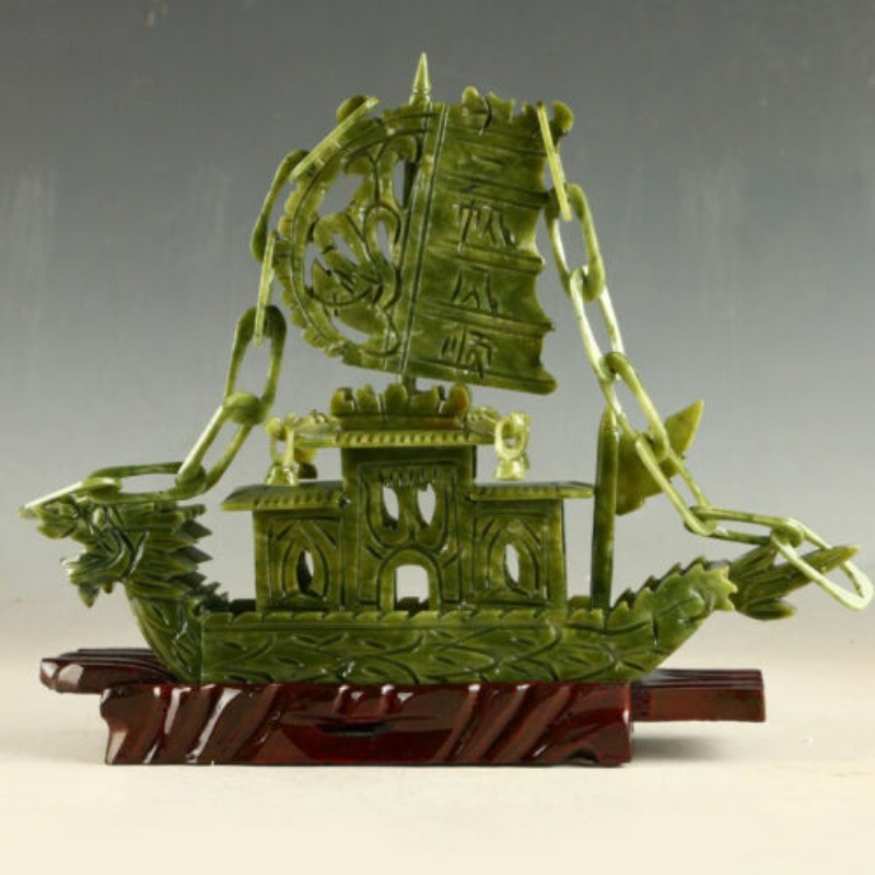Chinese 100% Natural Jade Green Jade carved Dragon Ship Sculpture 