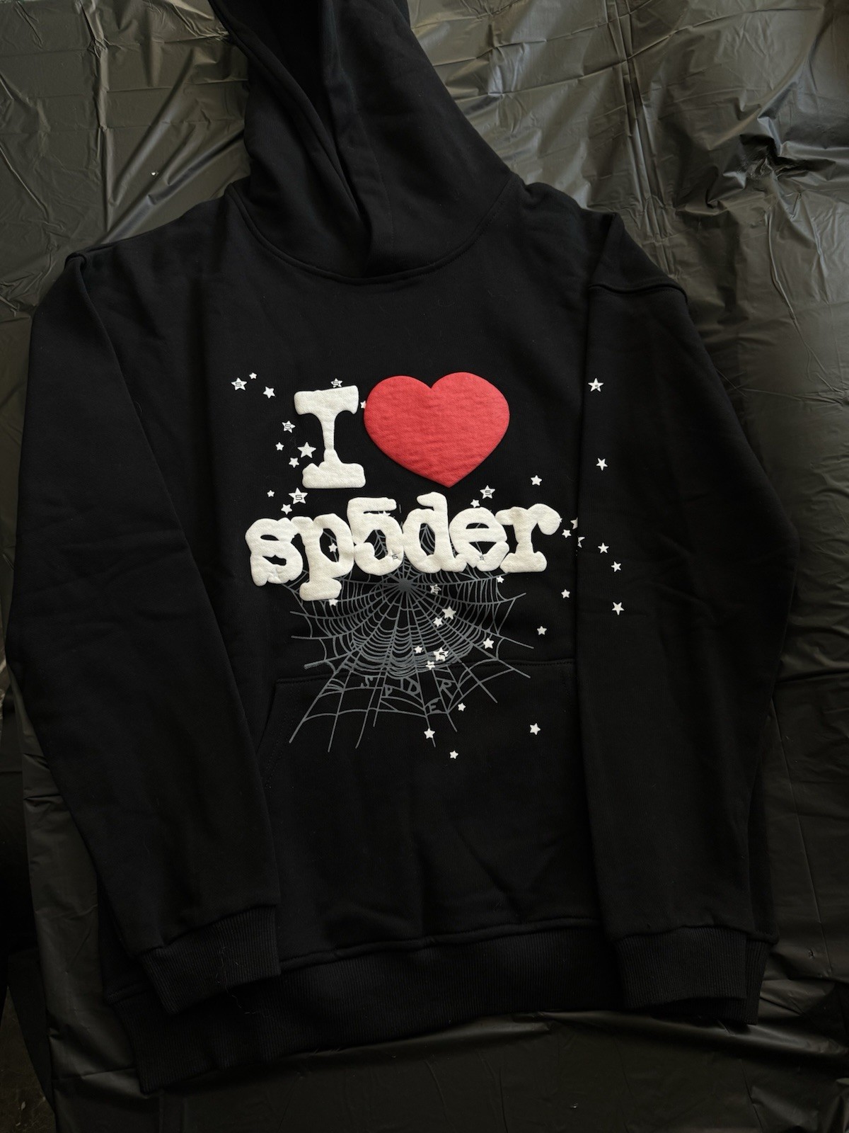 sp5der I Love Heart Graphic Black Fleece Hoodie Kangaroo Pocket Men\'s Pullover